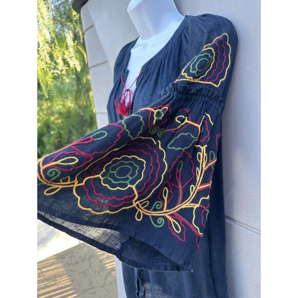 Eleven By March 11 Navy 100% Linen Embroidered Floral Tassel Mini Dress Size M - Picture 6 of 12